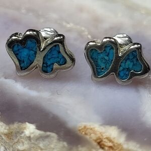 Silver Heart Earrings with Blue Accents
